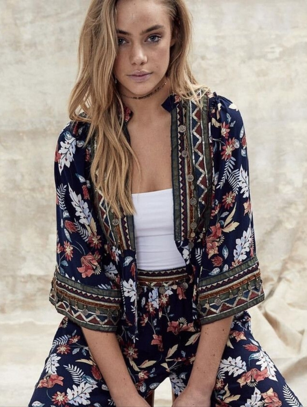 NWOT JAASE Navy Floral Sequin Trim Opn Front Kimono